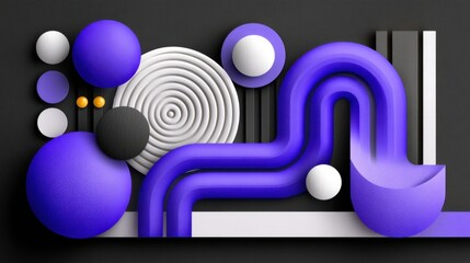 Abstract design with dynamic shapes and vibrant colors, featuring smooth curves, circles, and stripes on a black background for modern artistic concept