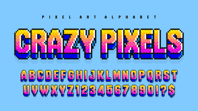 Original pixel alphabet. Retro console game style. High contrast and sharp, retro-futuristic.