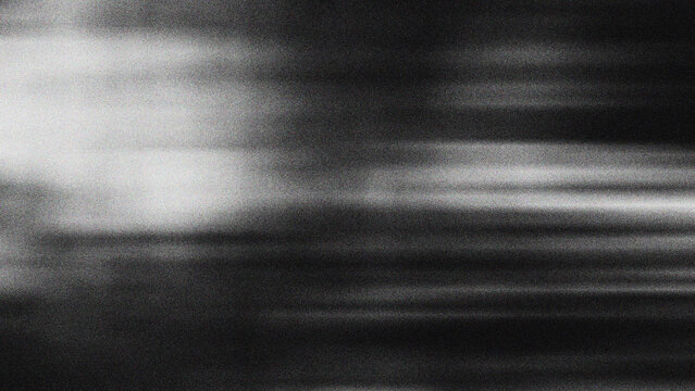 Black and white abstract background with heavy grain texture, featuring horizontal motion blur and dark cinematic gradients.