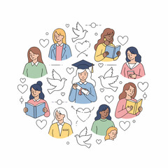 Diverse women celebrating education, knowledge, and community, with a graduate at the center, surrounded by symbols of peace and love.