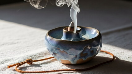 Fototapeta premium Incense smoke rises from a small ceramic bowl and a brown cord. Themes: Zen, relaxation, spiritual practices, and meditation. Set against a light white background.