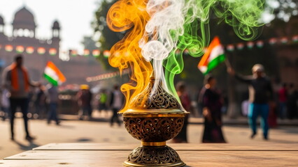 Smoke in the colors of the Indian flag rises from an ornate golden incense burner, with the colors of the Indian flag also visible in the background. Celebrating Indian Independence Day.