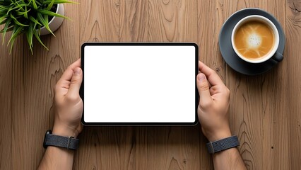 Tablet Screen Mockup Template Blank Display Concept Design Man Using Digital Device Tabletop with Coffee Cup Workplace Gadget Top View Computer Technology