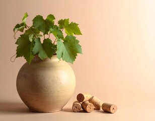Still Life with Grapevine in Vase and Wine Corks.