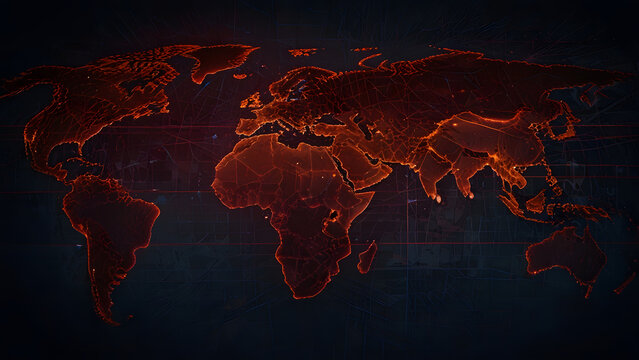 Red world map outline glowing on dark digital background with grid lines. War concept