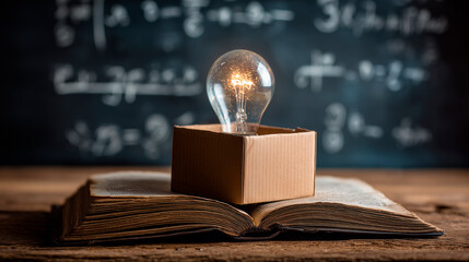 Creative thinking and innovation concept with light bulb emerging from box on open book with chalkboard and equations in background