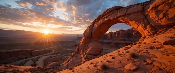 Awe-inspiring desert sunrise casting golden rays over a magnificent natural rock arch. corona arch utah