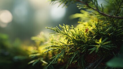 Sunlit Cypress Foliage: A Natural Green Tapestry in Soft Focus Ambiance