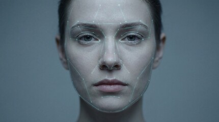 Futuristic Facial Recognition Identity Scan: Biometric Mapping on Photorealistic Human Face