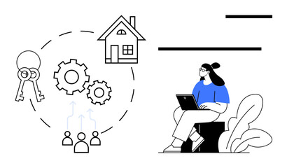 Fototapeta premium Real estate concept. Real estate icons including house, keys, and teamwork gears. Real estate opportunities and remote work connectivity. For property management, teamwork, online work, housing