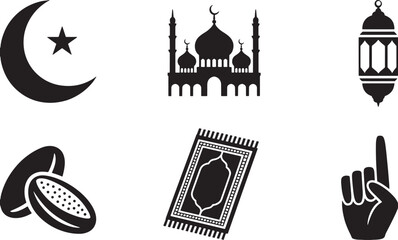 Obraz premium Islamic symbols crescent moon star mosque lantern dates prayer rug and pointing finger