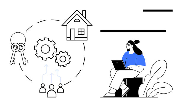 Real estate concept. Real estate icons including house, keys, and teamwork gears. Real estate opportunities and remote work connectivity. For property management, teamwork, online work, housing