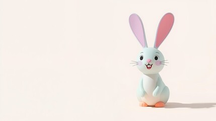 Fototapeta premium Cheerful 3D Easter bunny with big smile on minimal beige background, spring 2026. Cute pastel character with copy space perfect for greeting cards, social media posts, children's designs, celebrations
