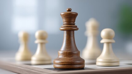 Close-Up View of Wooden Chess King Piece Surrounded by Pawn Pieces on Chessboard in Soft Focus with Blurred Background