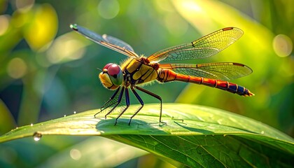 Dragonfly resting on a leaf in a natural setting.