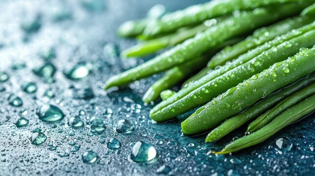 Fresh green beans, water droplets, dark background, healthy food, recipe ingredient