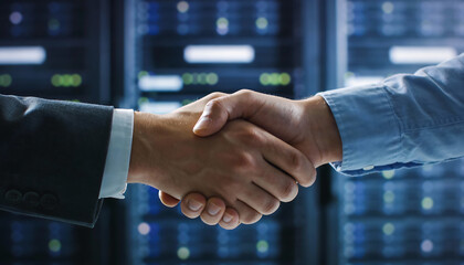 Handshake between business partners in data center with server racks technology cybersecurity and cloud computing concept for enterprise collaboration and secure networking