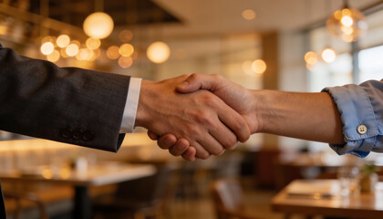 Close up handshake between business partners in modern cafe restaurant with warm bokeh lights networking agreement deal and professional collaboration concept