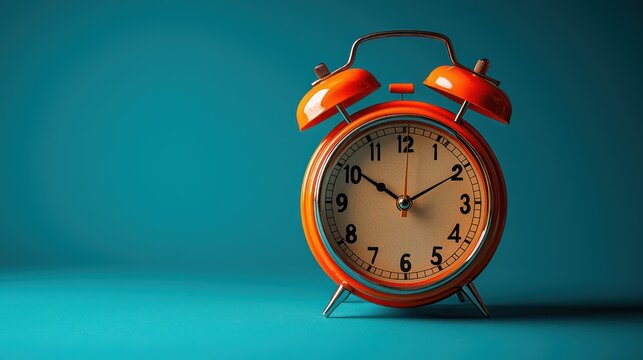 Orange alarm clock on teal background; time management concept; website, blog