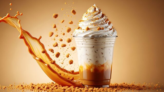 Delicious Caramel Frappe with Whipped Cream and Cookie Crumbs Refreshing Iced Coffee Drink Beverage Dessert Still Life Photography
