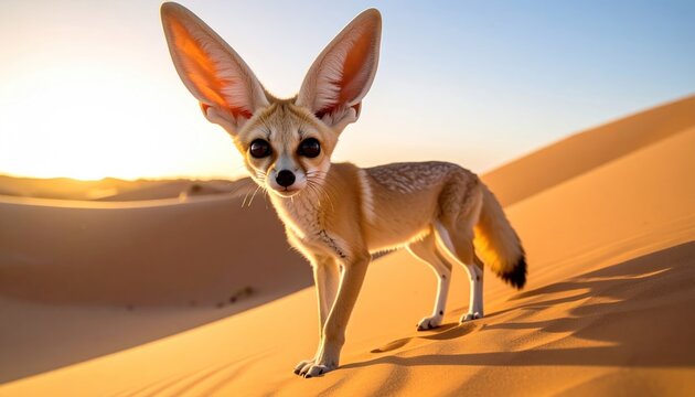 Fennec Fox Standing on Sand Dune in Desert at Sunset.