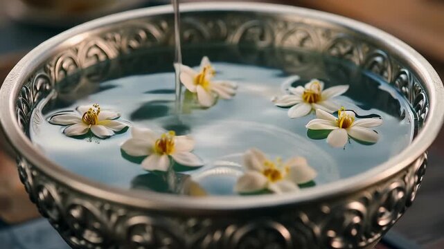 Macro shot of water pouring into a traditional silver Thai bowl (Phan), intricate patterns on the silver, jasmine flowers floating on water, soft elegant lighting.