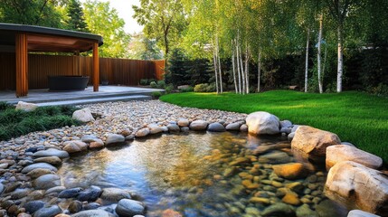 Naklejka premium Peaceful zen garden with water feature and pergola