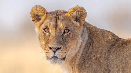 Fototapeta premium ferocity. Lioness portrait with intense gaze and detailed fur in golden savannah setting. wildlife magazines, conservation campaigns, designed for wildlife conservation campaigns. 