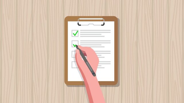 flat animation of a hand holding a pen and checking items on a clipboard report form for business task completion, approval, audit, survey, and data verification