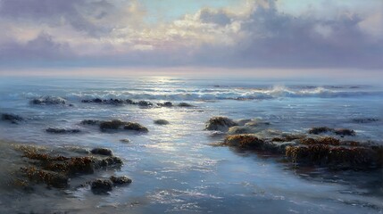 Calm Ocean Seascape with Rocky Shore and Sunset.