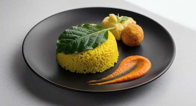Juane Rice With Tacacho And Cocona Sauce On Modern Black Plate