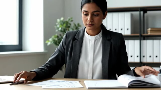 Serious Indian professional woman deeply engrossed in her office work, analyzing important paperwork and taking notes at her desk