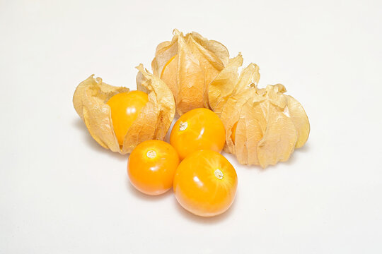 Bunch of ripe cape gooseberries with fruits enclosed in papery calyx and exposed yellow berries, set against white background