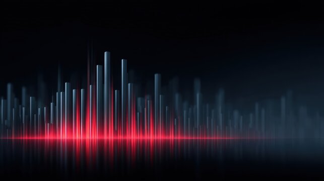 Abstract sound wave visualization with vertical bars in red and blue tones against a dark background representing music, audio, and sound technology themes - Powered by Adobe