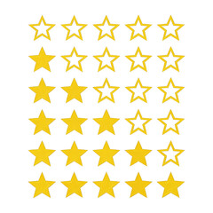 Set of yellow and gold star rating icons in 5 rows, 5 columns. Used for evaluation, ranking, and quality assessment. Simple, clean vector design for UI/UX elements.
