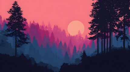 Dark forest in the pink sky