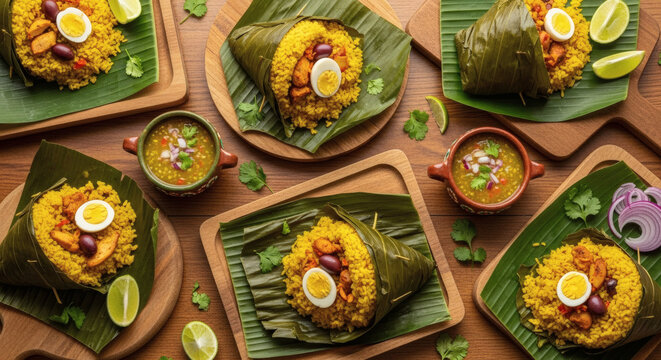Authentic Juane Rice Parcels With Cocona Salsa On Rustic Wooden Table