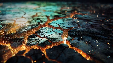 Close Up of Cracked Volcanic Lava with Glowing Fissures.