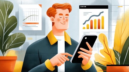 Young professional analyzing data on smartphone with financial charts and plants in modern office space, illustrating work and productivity concepts.