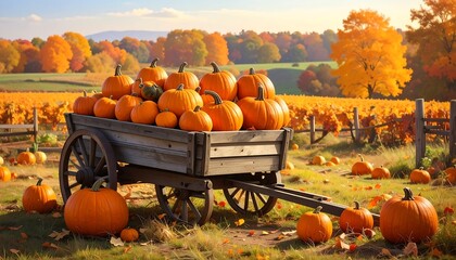Autumn Harvest - Pumpkins in a Rustic Cart Amidst Fall Foliage.