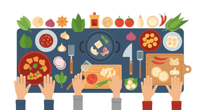 A vibrant overhead shot showcasing fresh ingredients and hands preparing food, perfect for illustrating cooking tutorials, recipes, or healthy eating 