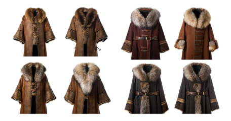 Collection of Elegant Fur-Collared Coats in Various Colors, isolated on transparent background