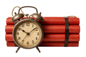 Vintage alarm clock placed on stacked dynamite sticks, symbolizing time, danger, and metaphorical countdown. Highlights tension between time and explosive risk.