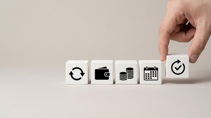 Hand placing white cube with renewal check icon subscription management recurring billing concept with refresh wallet coins and calendar symbols on beige background copy space