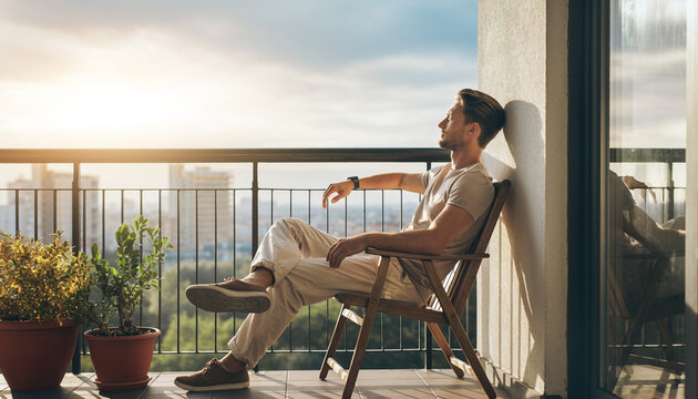 Relaxed man enjoying balcony view of cityscape at sunset