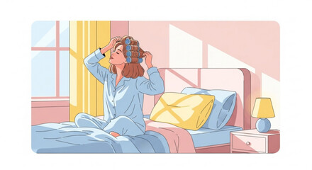 Obraz premium Woman wearing headphones sitting on bed in pink bedroom with yellow curtains and lamp