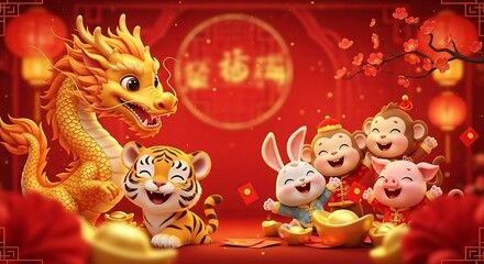 Fototapeta premium Adorable cartoon animals celebrating Chinese New Year with dragons, gold, and lanterns
