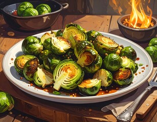 Roasted Brussels Sprouts with Balsamic Glaze on Rustic Table.