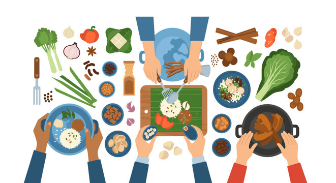 A vibrant flat lay illustration showcasing fresh ingredients and prepared meals, perfect for culinary blogs, healthy eating campaigns, or food-related