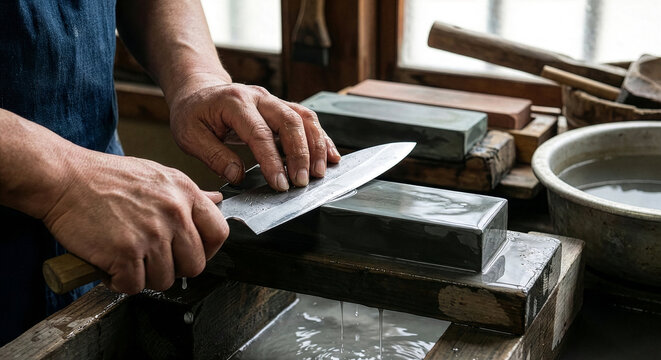 Close-up of Japanese craftsman hands sharpening a chef knife on a wet whetstone in a traditional workshop
